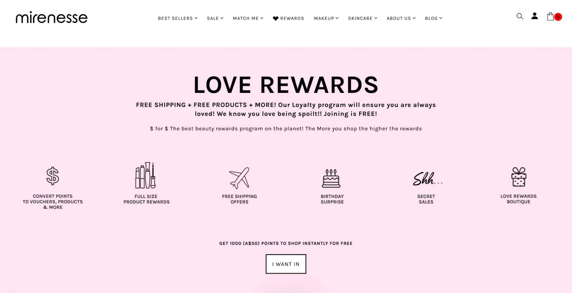 Mirenesse Love Rewards page shows perks, including vouchers, free shipping, product rewards, and secret sales.