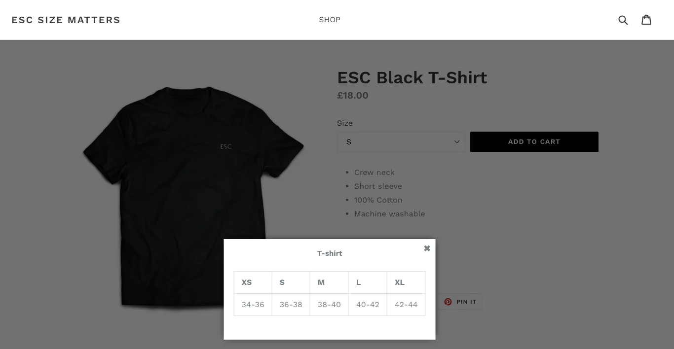 ESC app example showing a size chart for a black t-shirt.