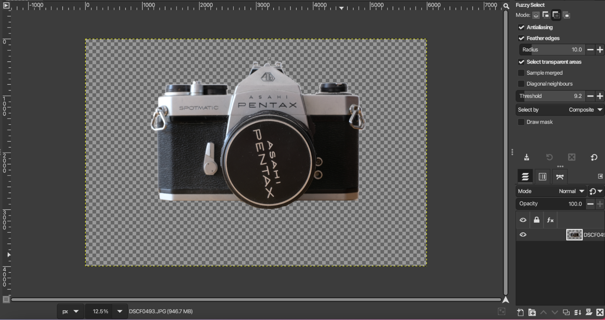 Gimp UI showing how to remove the background of an image and replace it with a transparent layer.