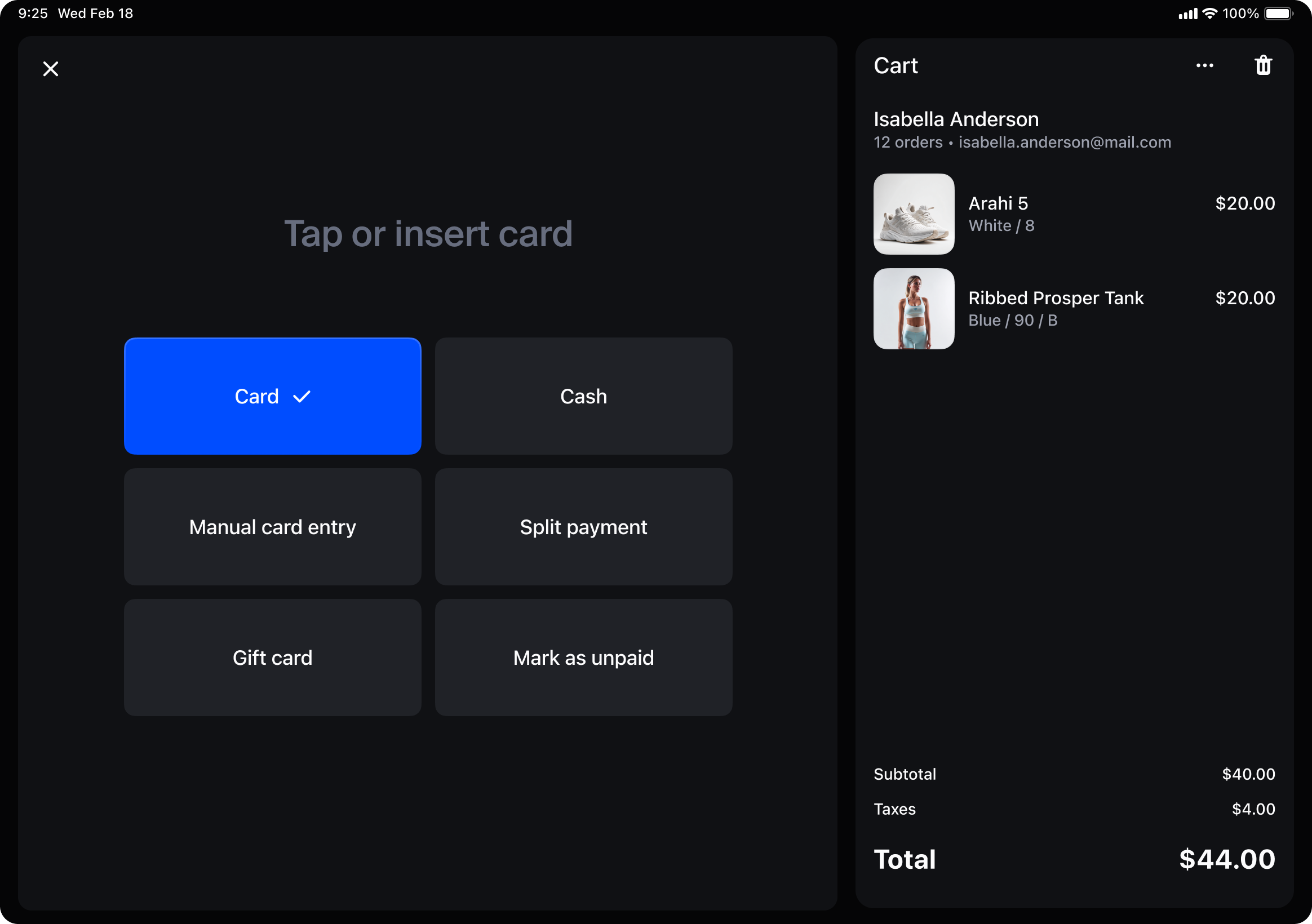 Ipad image showing: Larger tap targets and split payment options.