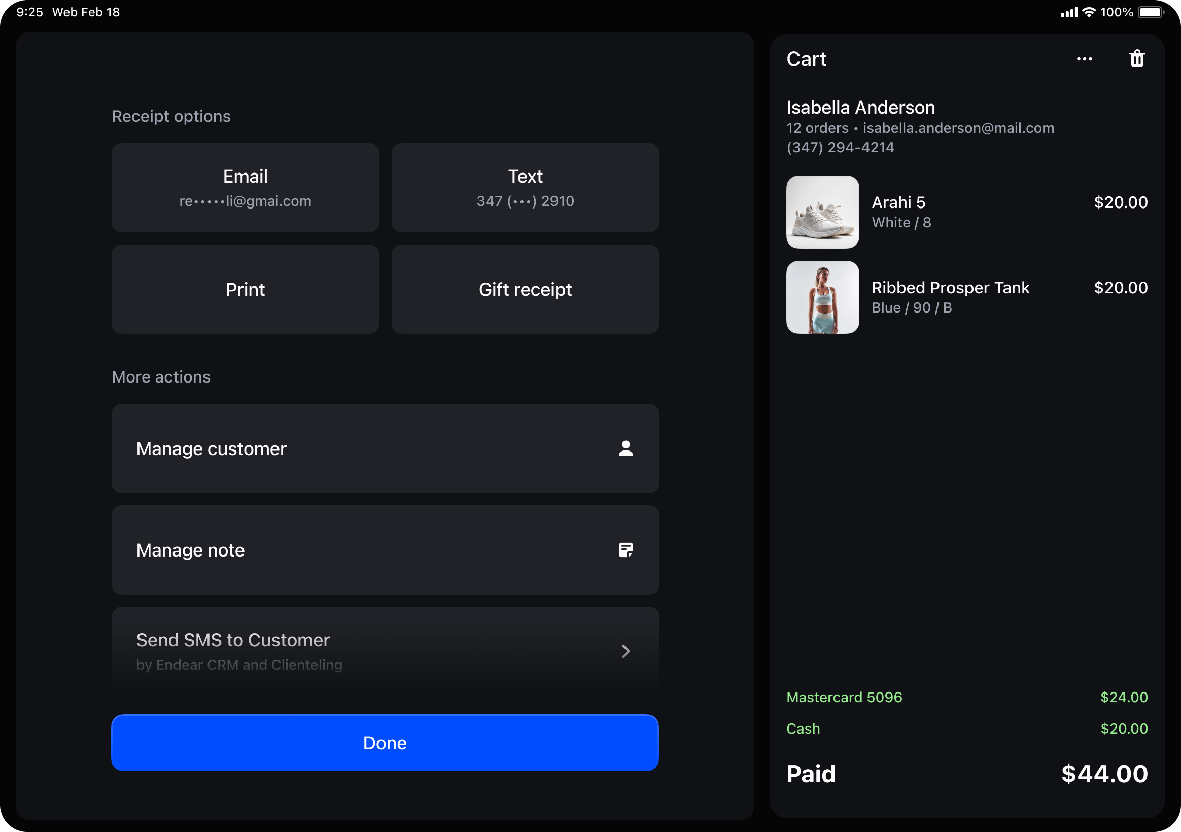 Ipad image showing: The post-purchase screen brings all actions into the left panel and keeps the cart visible