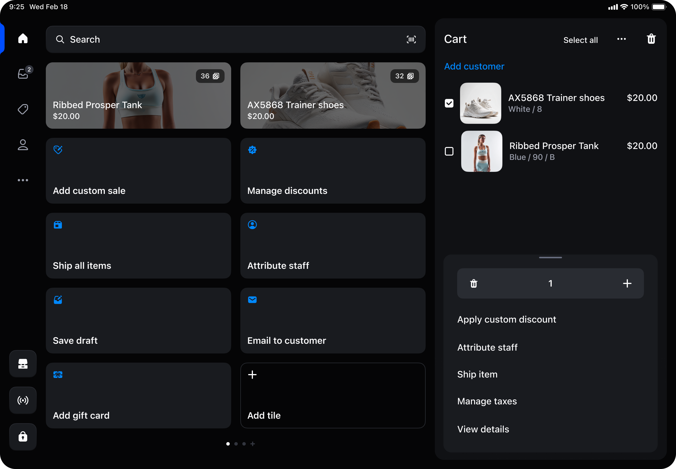 IPad showing: The cart now supports multi-select, so staff can apply changes to one product or several at once.