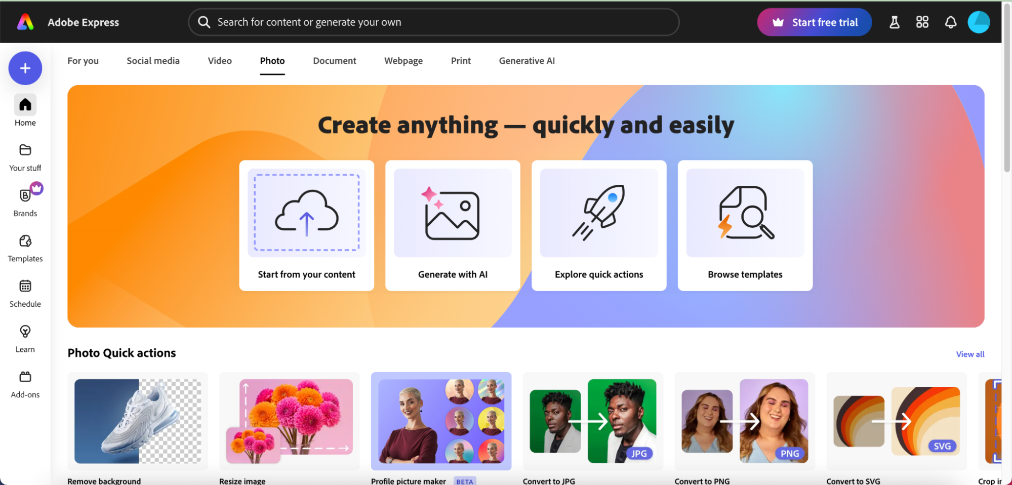 The landing page for the browser-based Adobe Express editor with tools for uploading content or generating with AI tools.