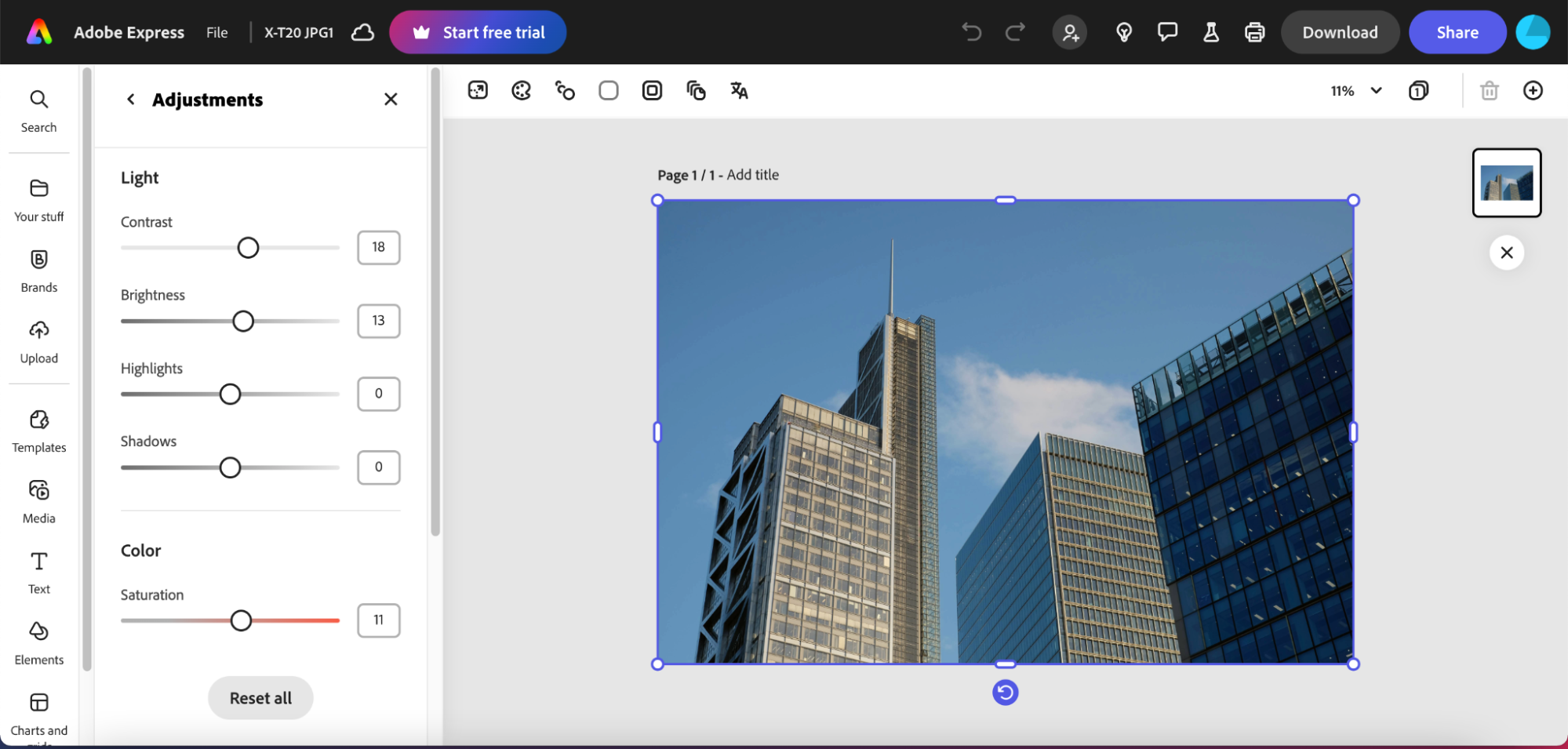 Adobe Express sliders on the left with an image of skyscrapers on the right.