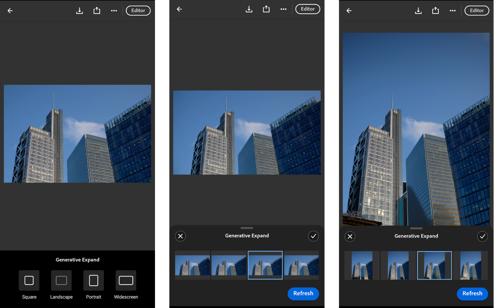Adobe’s Generative Expand interface showing how to expand an image in four orientations.