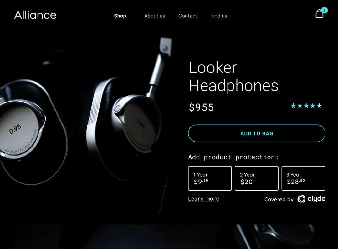 An Alliance product page showing their Looker headphones with Covered by Clyde