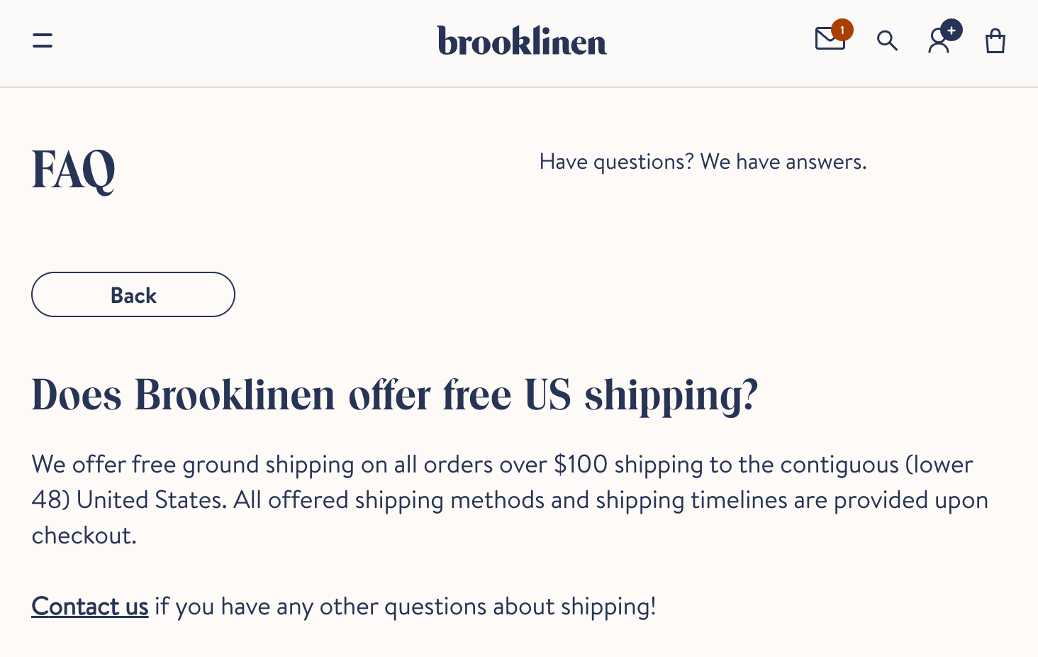 Brooklinen's free shipping policy page on website.