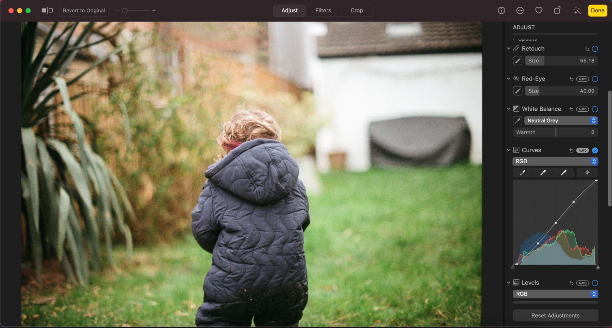 The Apple Photos interface with a toolbar on the right-hand side with tools like retouch and curves.