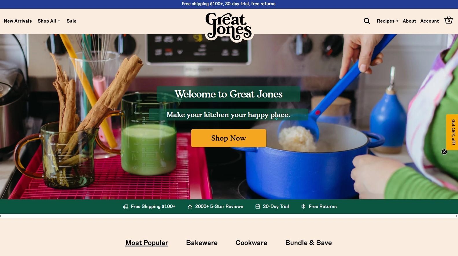 Great Jones homepage with a person cooking with a blue pot and spoon.