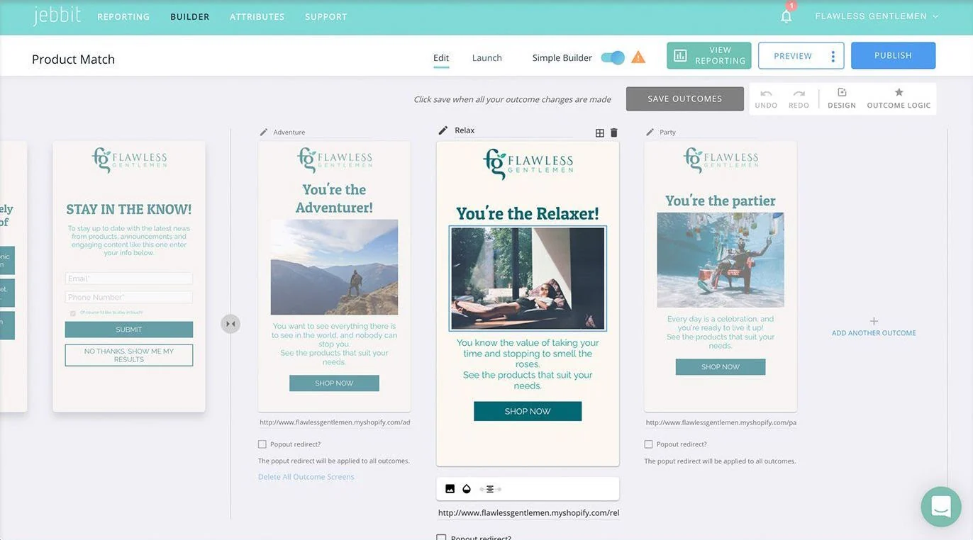 Jebbit dashboard with white and turquoise interface highlighting product match quiz results.