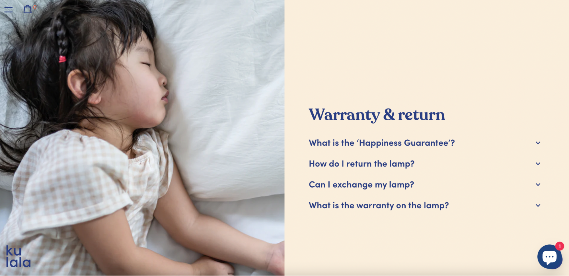 A screenshot of Kulala's return policy page showing a child sleeping on a pillow and a dropdown FAQ menu.