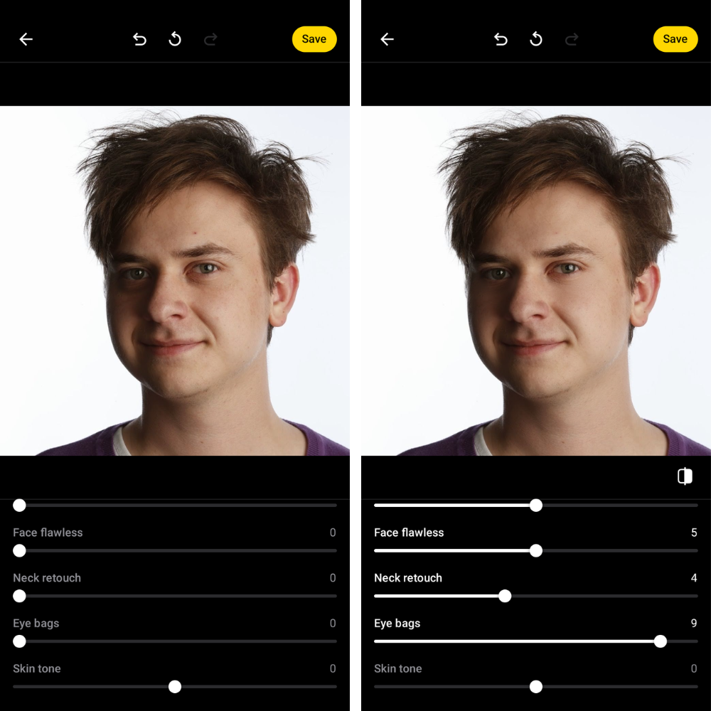 A portrait of a man being edited with Lensa, using adjustments like “Face flawless”, “Neck retouch”, “Eye bags” and “Skin tone”.