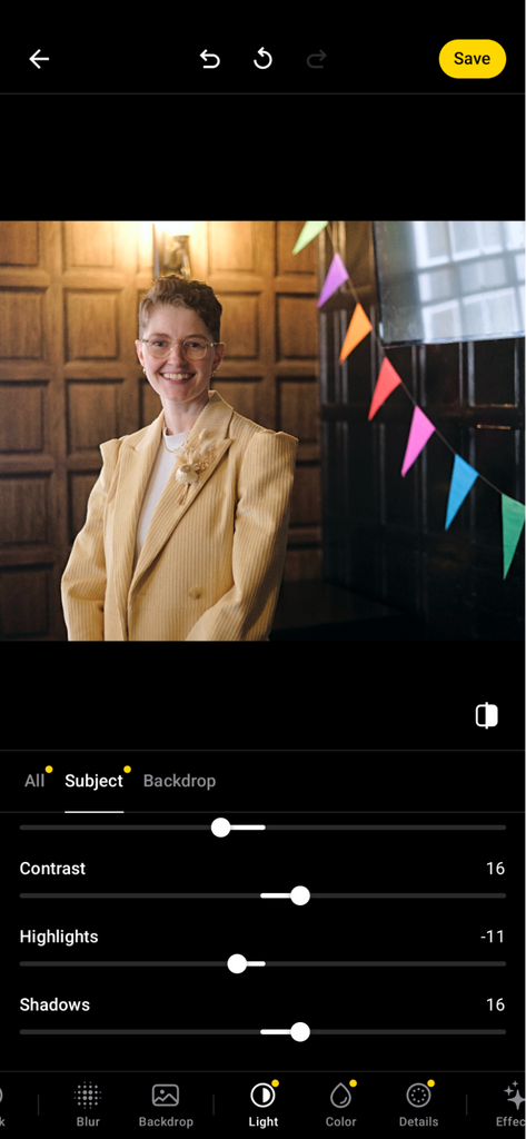 Lensa’s interface showing three separate editing modes for subject, background and the entire image.