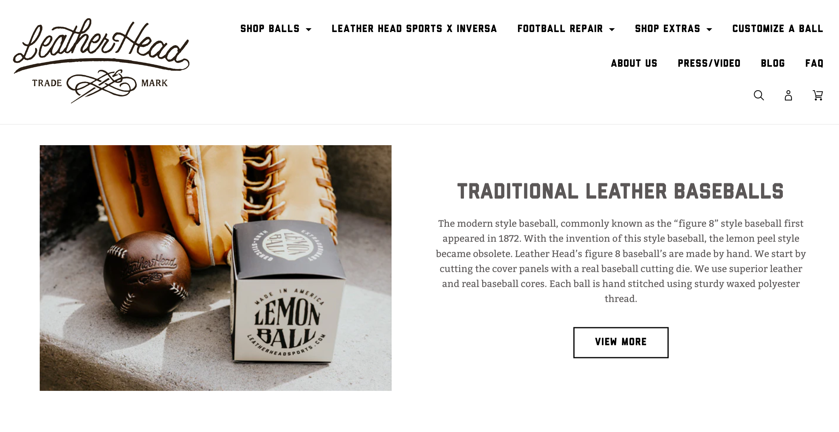 A dark leather baseball and Lemon Ball box beside a mitt on the Leather Head homepage.