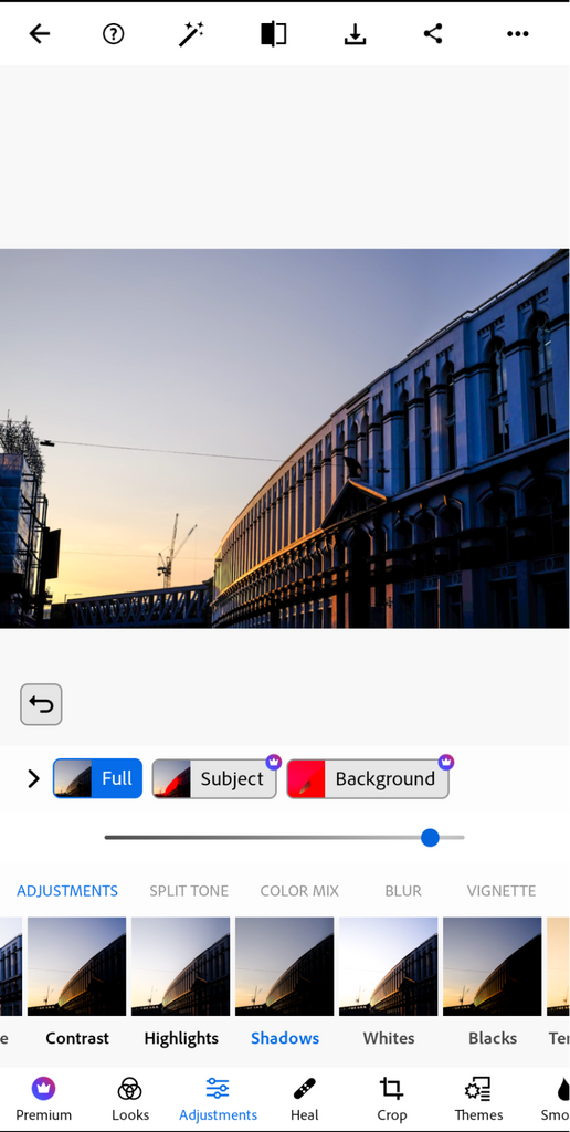 Photoshop Express interface with miniature previews for adjusting values like Contrast, Highlights, Shadows, White and Blacks.