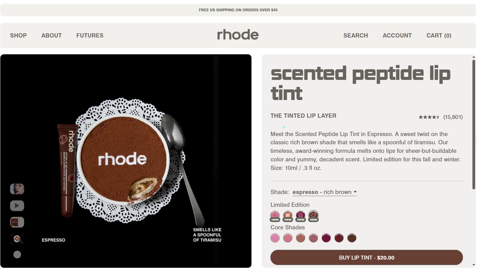 Rhode product page for Scented Peptide Lip Tint with picture of tiramisu cup.