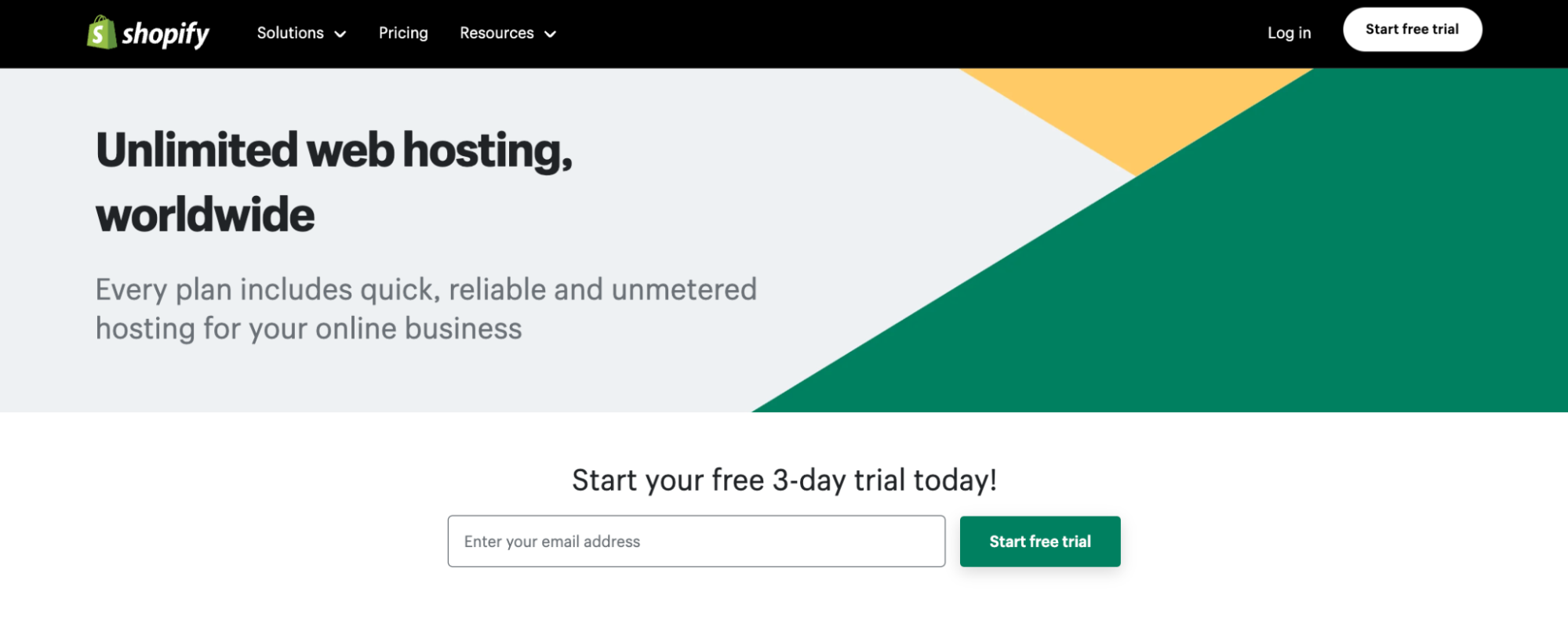 Shopify homepage promoting unlimited web hosting with a free 3-day trial offer.