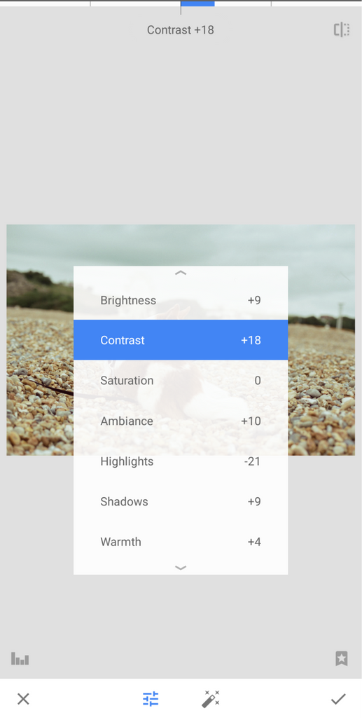 The Snapseed editing interface to overlay a menu of commonly edited values and allows them to be dialled up or down.