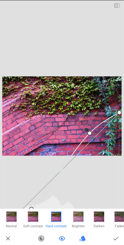 Snapseed’s Curves tool showing presets and how to overlay a curve.