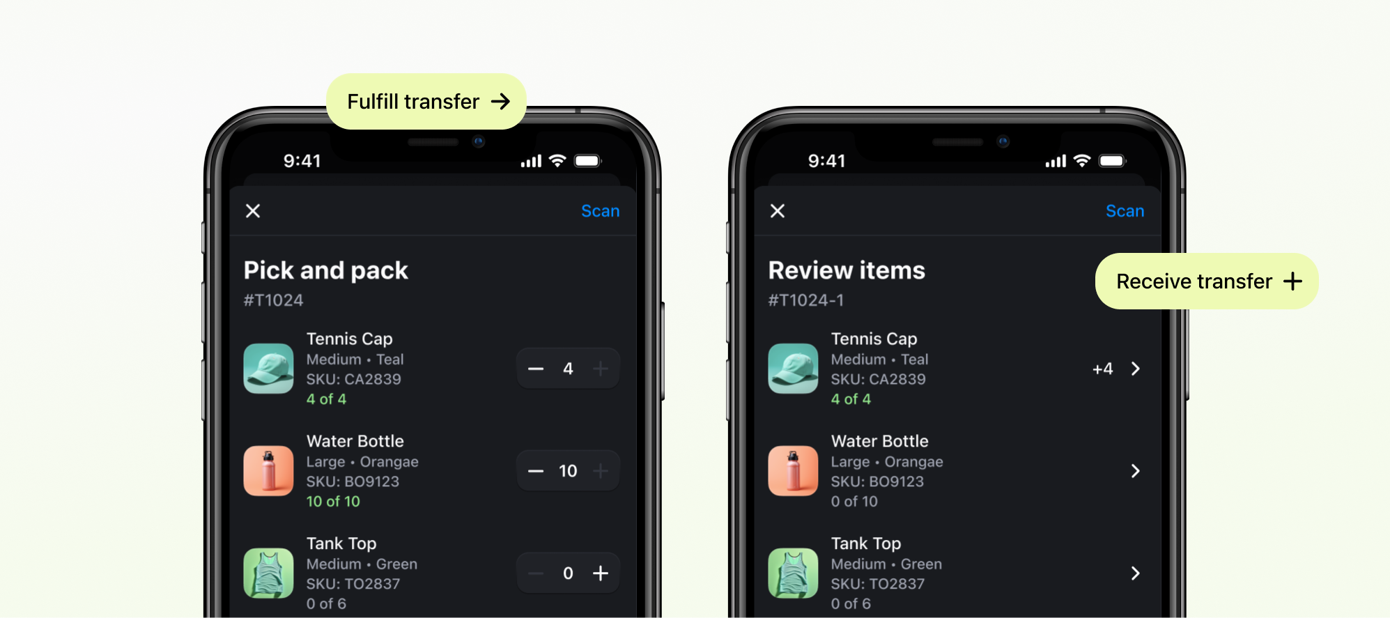 Two iphones showing fulfilling and receiving transfers experience