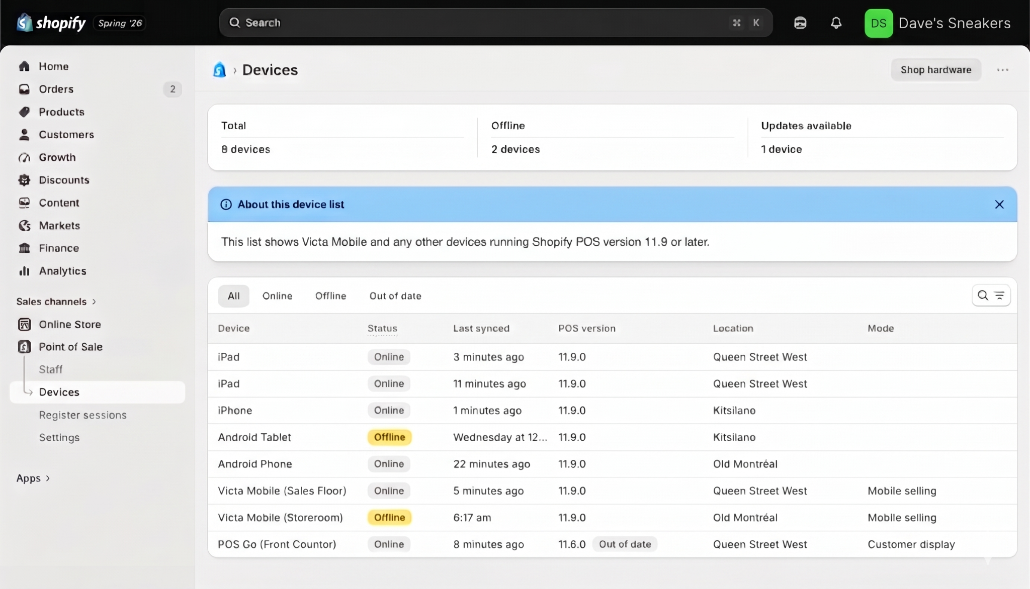 Images showing the Shopify admin where you can manage all POS devices