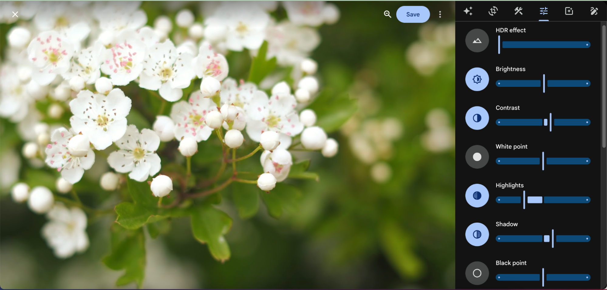 White flowers with a Google Photos UI sidebar to make color adjustments.