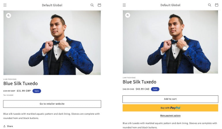 Two identical product images of a man wearing a blue suede tuxedo and adjusting his bowtie. On the left is a CTA to go to retailer site, on the right is a CTA to add item to cart.