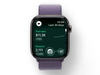 An Apple Watch with a purple band displays a Sidekick screen showing store metrics