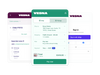 Different checkouts display custom branding in pink, purple, and green