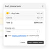 Modal displaying purchase of five DHL Paket shipping labels overlaid on DHL and Yodel logos.