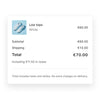 Order summary for white sneakers with subtotal, shipping, and total price with a note underneath that duties and taxes are included.