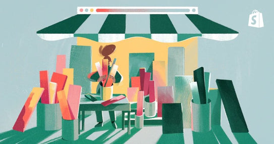 Ilustração de lojista em frente a uma loja com diversos produtos empilhados, representando a escolha de nome para loja de dropshipping