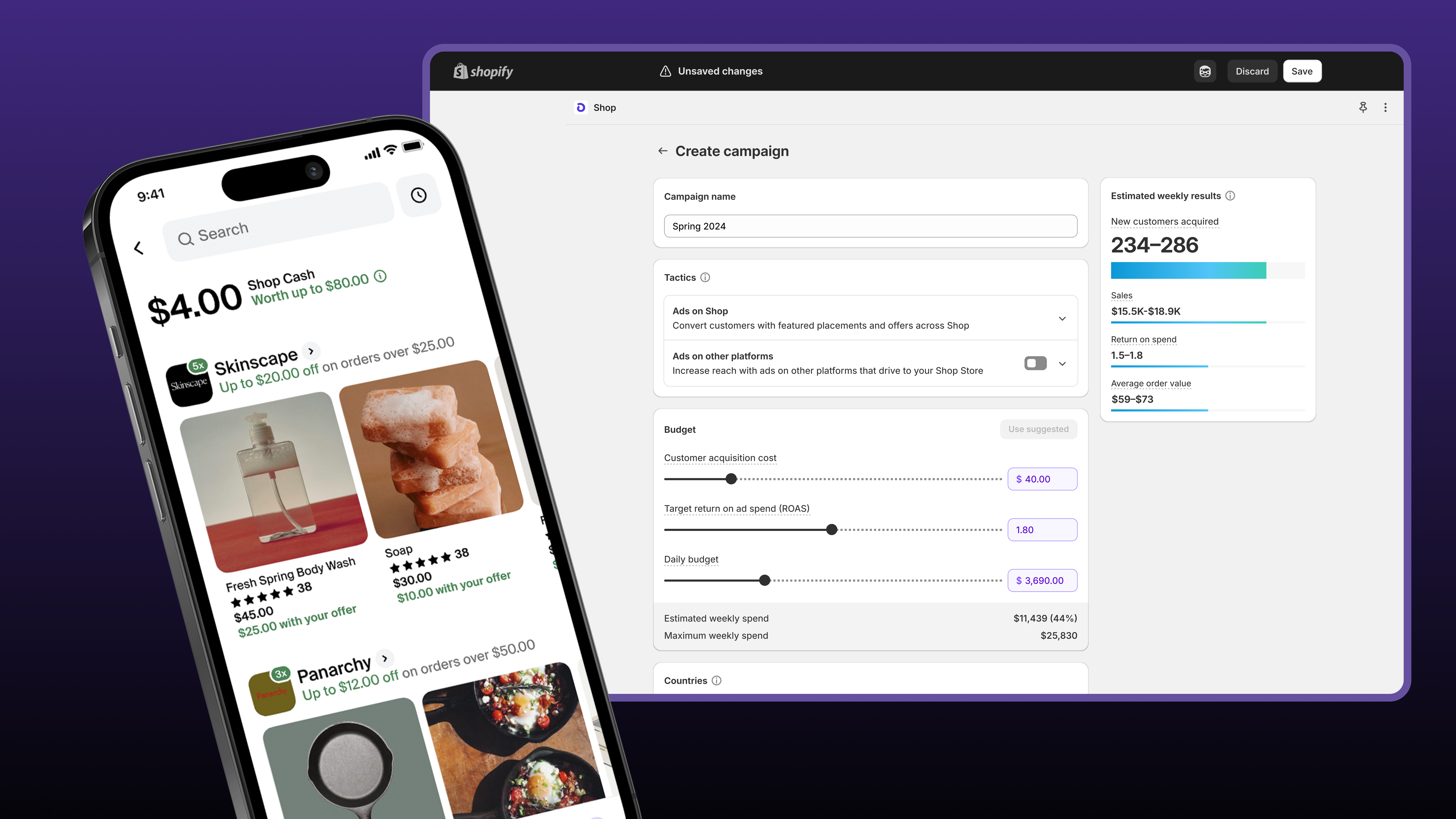 Image showing the admin experience and the consumer-facing experience for Shop Campaigns