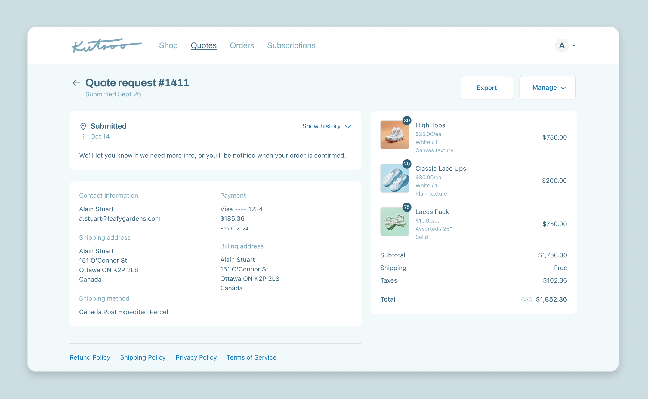 Image of a "Quotes" page in customer accounts, that allows buyers to self-serve quotes online