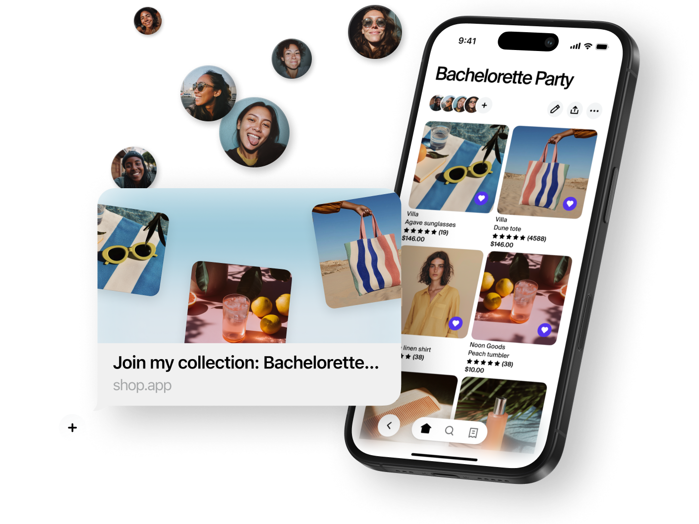 A message bubble with a beautiful share image inviting friends to join the Shop app collection called 'Bachelorette Party'. The collection includes products such as sunglasses, a tote bag, and a glass tumbler.