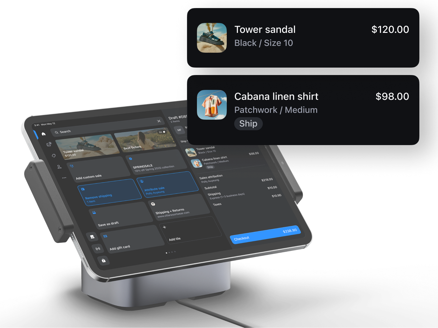 A POS checkout displays a pair of sandals taken home from the store at purchase, and a linen shirt shipping separately. 
