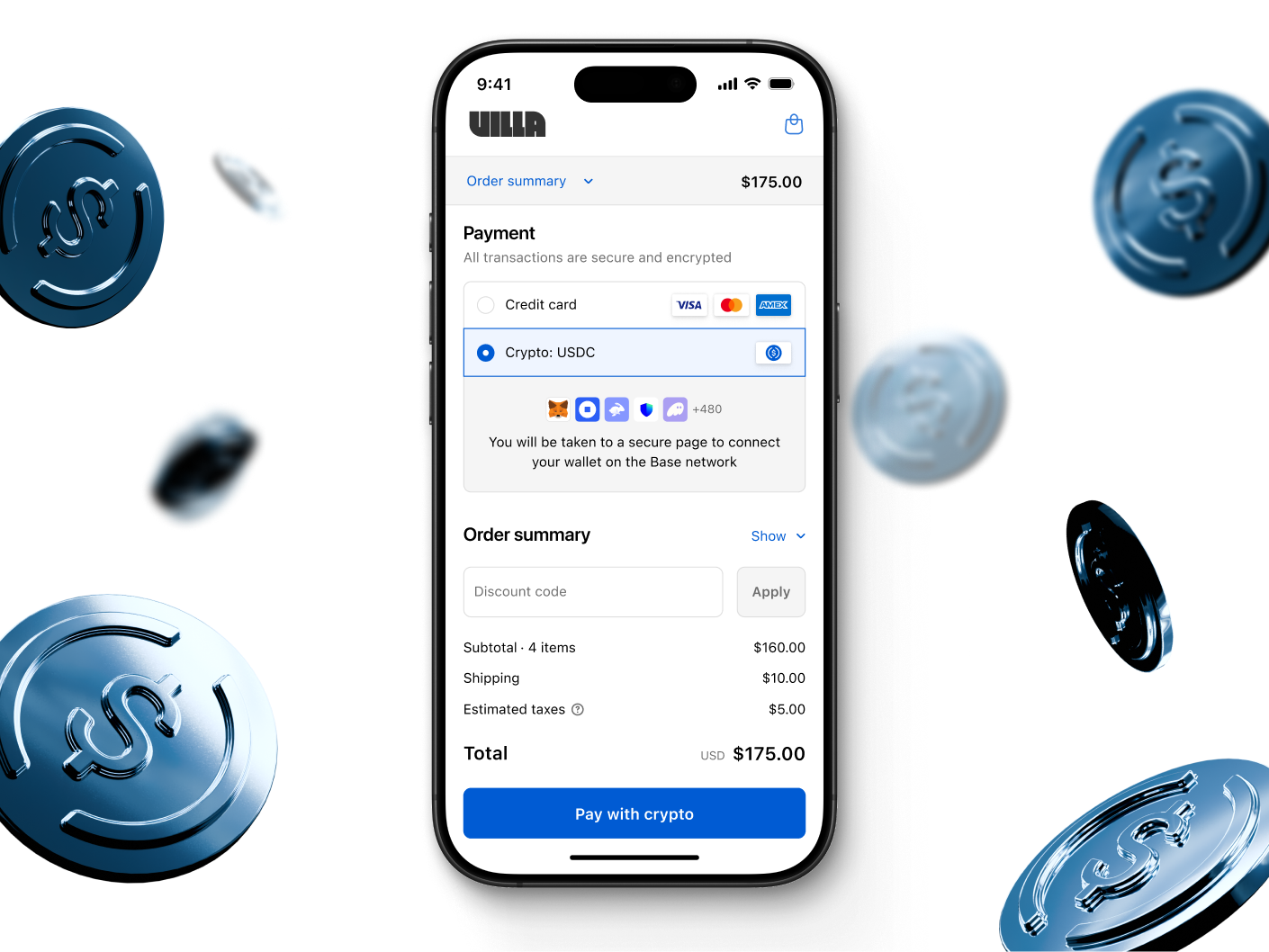 An iphone showing Crypto as a payment option, with 3D coins floating around in the background.