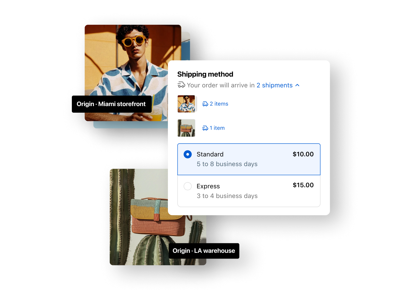 A checkout screen shows two purchased items arriving from the Miami storefront, and a third item shipping separately from an LA warehouse, with the shipping rate combined.