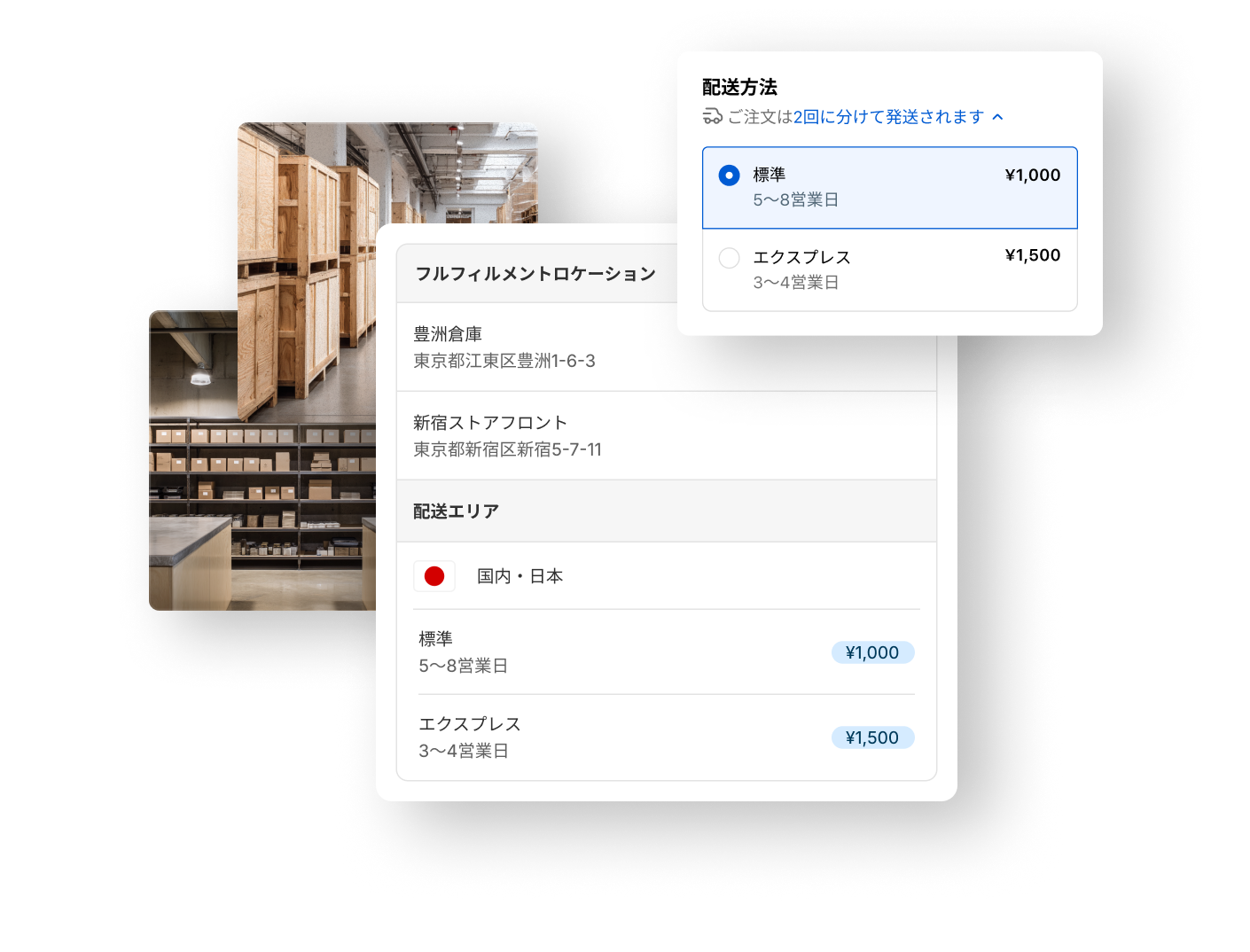 チェックアウトページには、注文がNY倉庫から1つ、LA倉庫から1つの、2回の発送で届くことが示されていますが、送料は一律10ドルです。