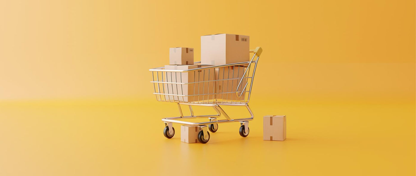 Un coș de cumpărături umplut cu cutii, reprezentând conceptul de dropshipping.
