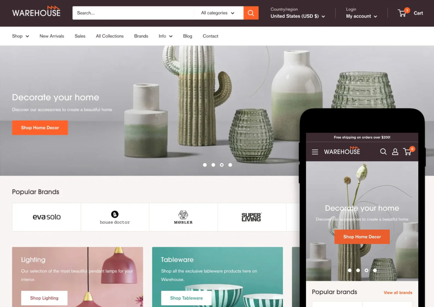 Demo del tema Shopify Warehouse su mobile e desktop