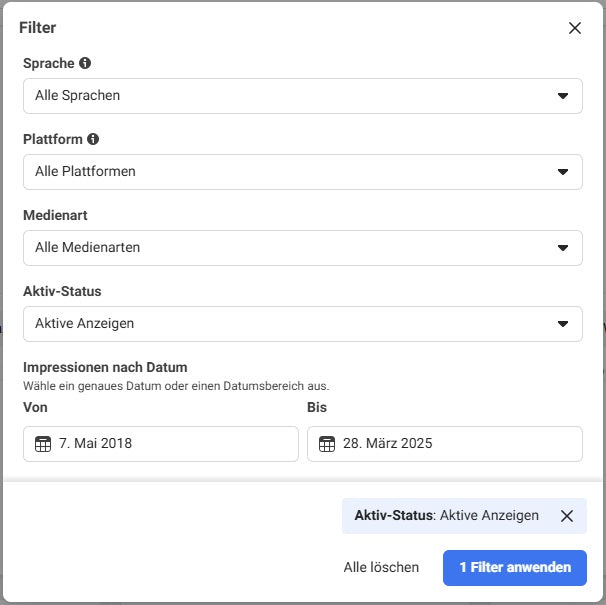 Screenshot der Filterauswahl in der Facebook Werbebibliothek, bei der Parameter wie Sprache, Medienart, Datum und Aktiv-Status ausgewählt werden können