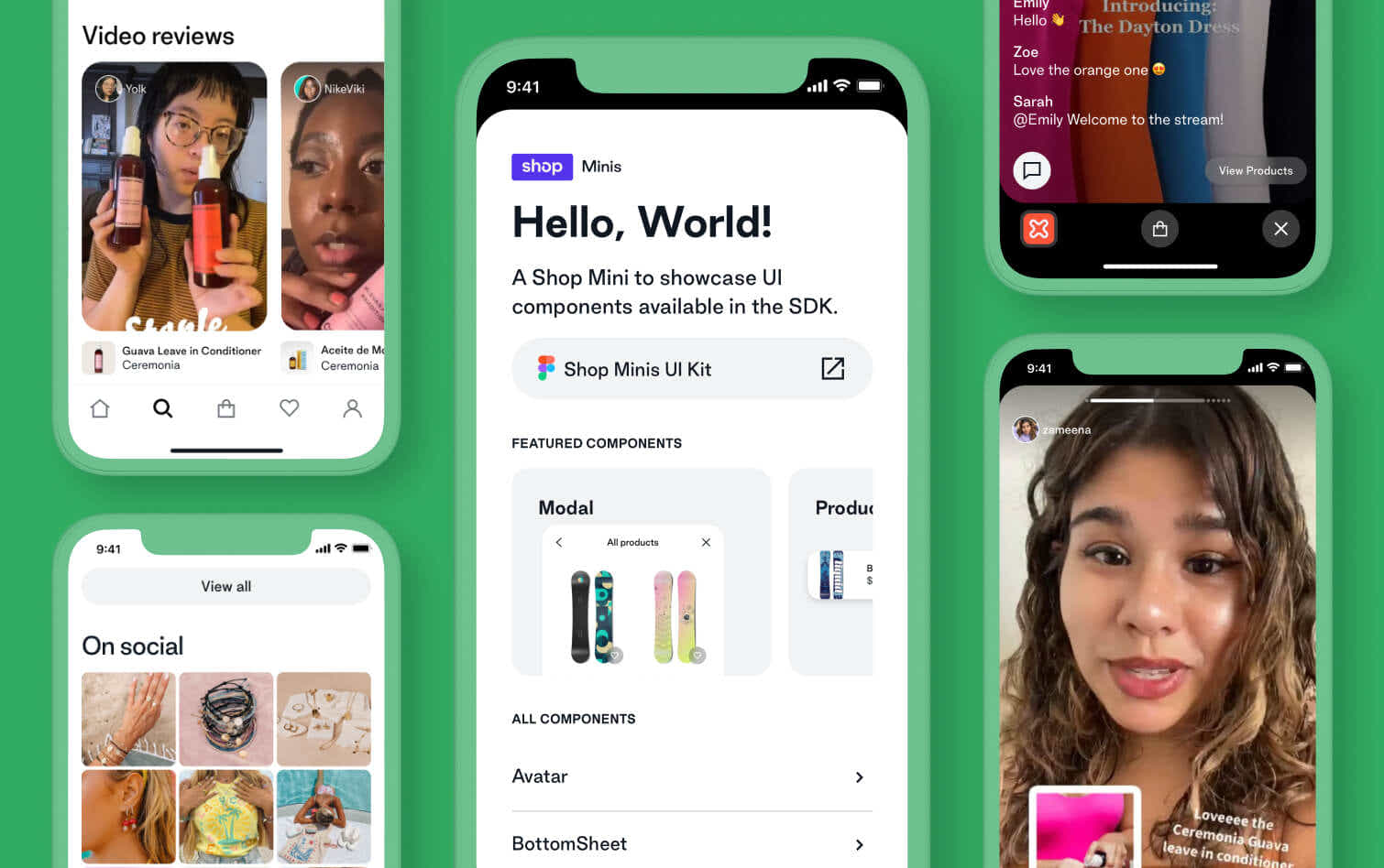 Mobile devices showcase content and shopping experiences created in the Shop app by Shop Minis. A mobile device in the center displays the interface for building Shop Minis, including examples and components.