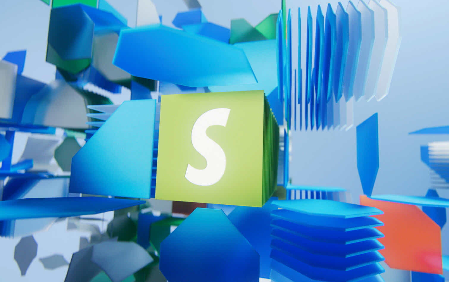 The green Shopify bag unfolds into many geometric shapes that are linked together. The shapes multiply and populate regions across a globe, then transform into a stack of three squares with the Shopify logo in front. A narrator describes the new Commerce Components by Shopify offering for enterprise retail.