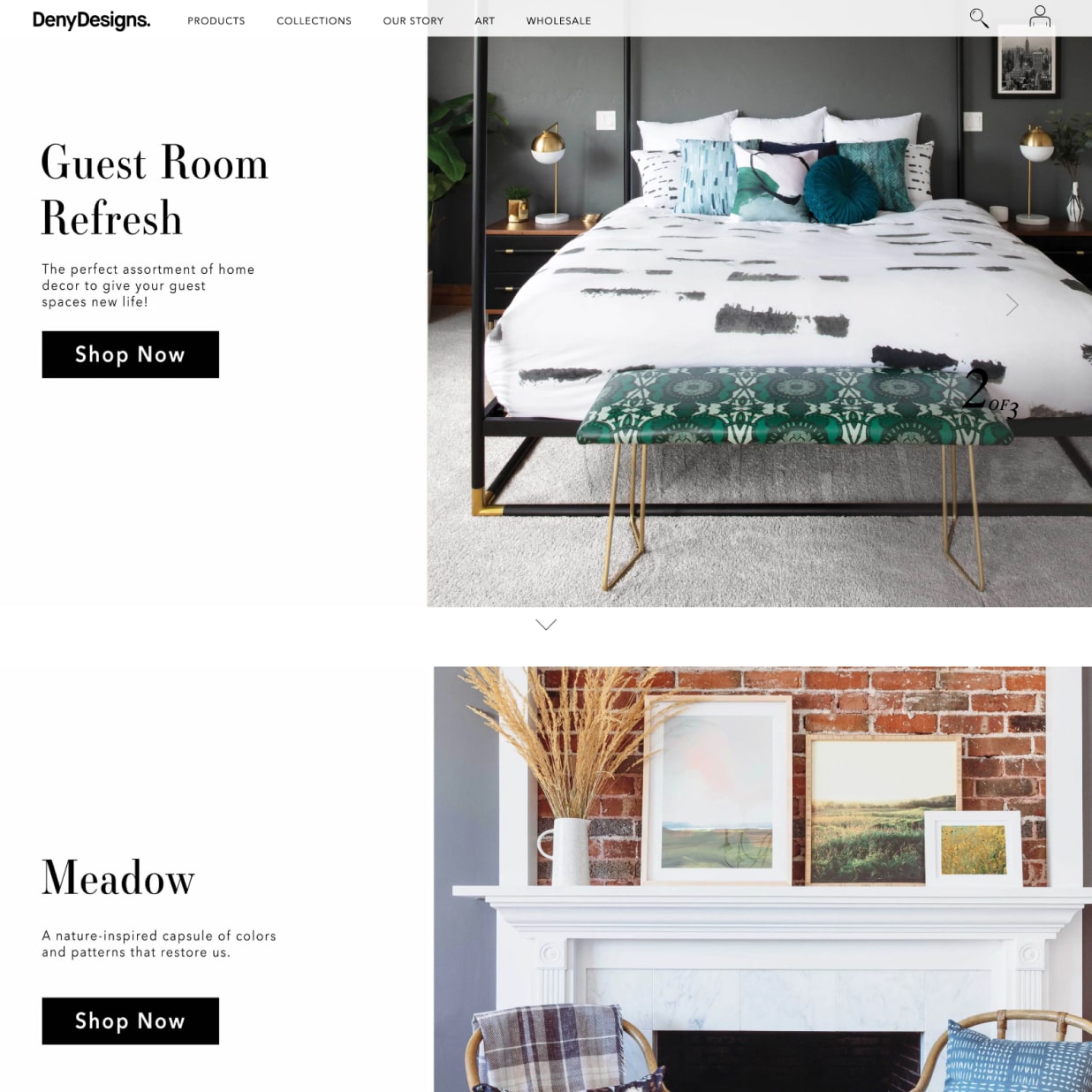 Home decor website with two featured collections. There is a brand logo at the top left of the screen followed by a horizontal menu navigation, and a search feature and account icon to the right.