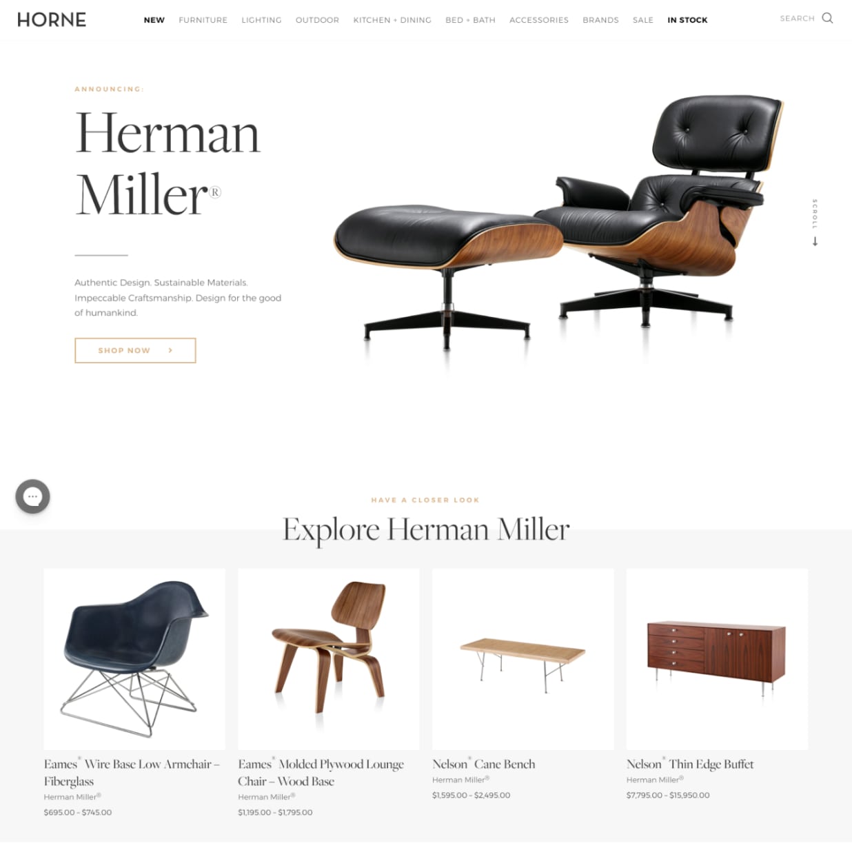Furniture website that has a hero image with a chat icon overlaid on the bottom left corner followed by a horizontal row of product images underneath. The brand logo is at the top left of the page and a horizontal menu follows to the right.