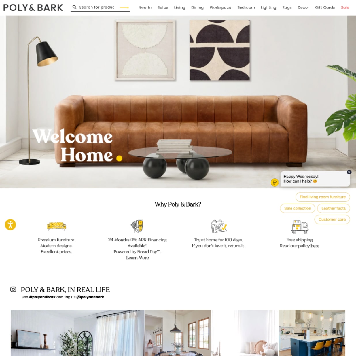 Furniture website featuring a hero graphic that has a chat icon with conversation filters overlaid on the bottom right corner. Underneath is a series of icons and value propostions followed by a row of user generated images from social media. There is a logo in the top left of the page with a horizontal navigation menu to the right.