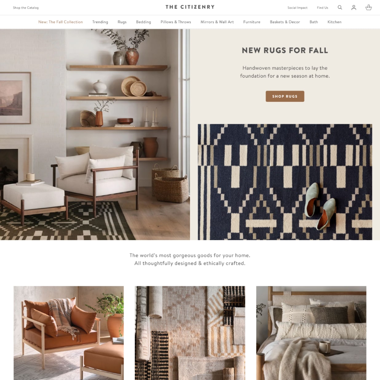 Home decor website with a hero section featuring two images and a call to action followed by a horizontal row of three product images. At the top of the page ther is a stack for two horizontal navigation bars with a logo in the center.