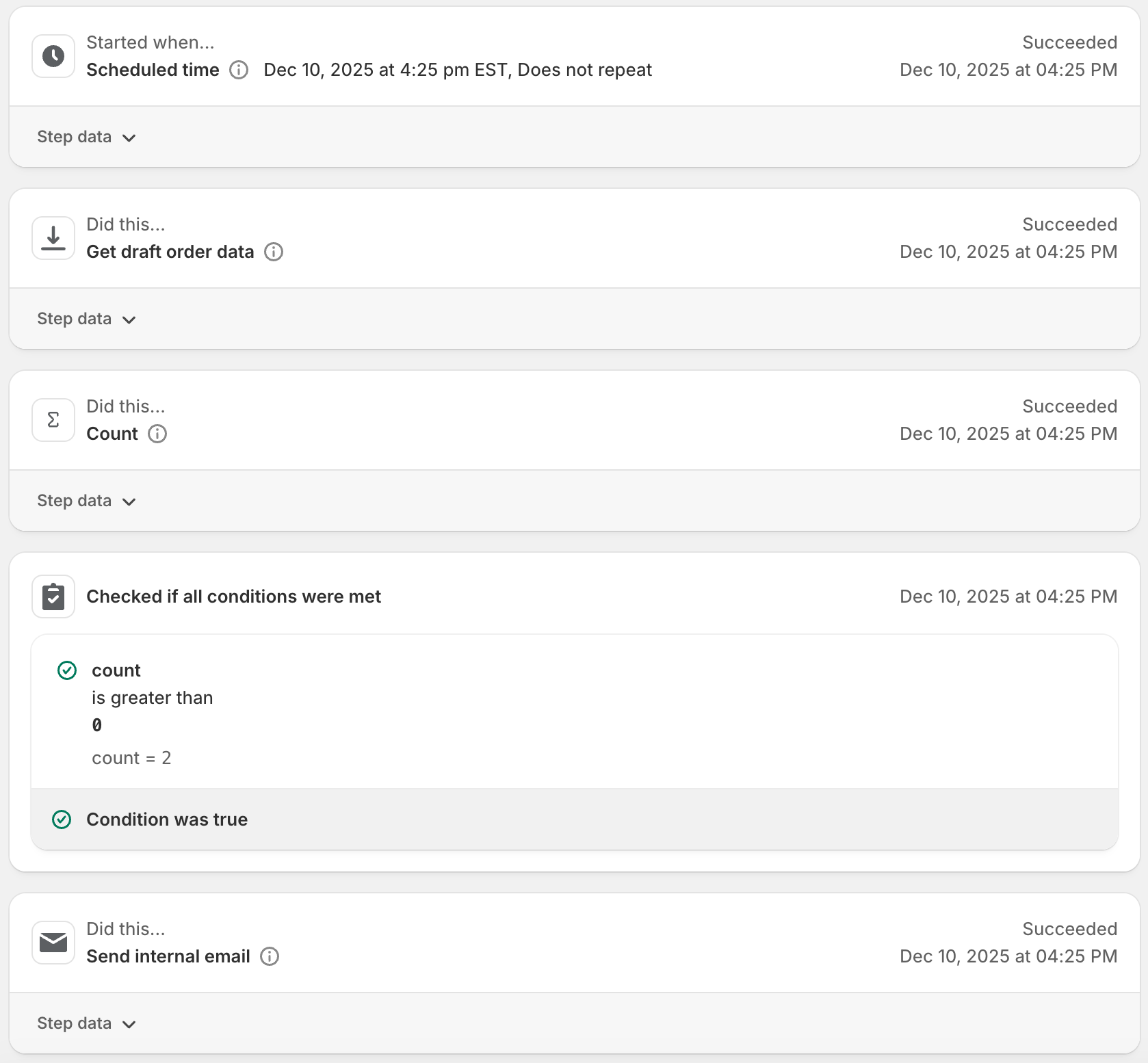 Example of the results section of a run log for a workflow.