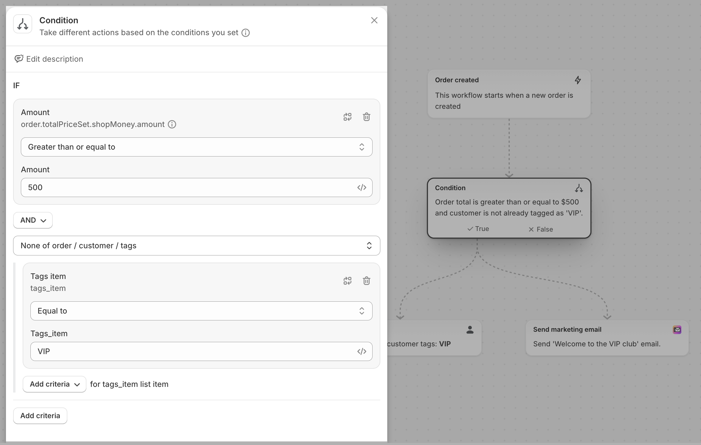Image of the Shopify Flow workflow editor, with an in-progress workflow. The configuration panel for a condition step is selected and highlighted in the image.